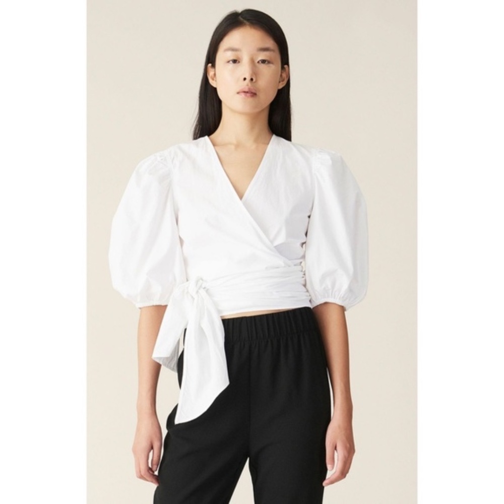 NWT Ganni Plain Cotton Poplin Wrap Blouse White 34